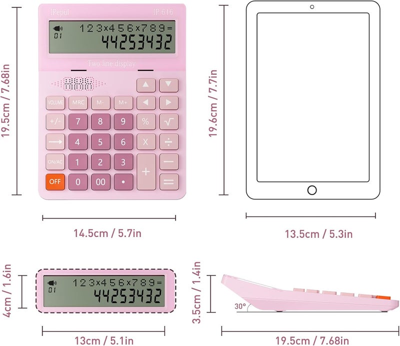 iPepul Calculators Desktop, Desk Calculator with Large 2 Line Display, Talking Basic Calculator with big Button & Adjustable Volume, 4 Function Calculators for Business, Students,School Office Supplies(Pink) - Image 5